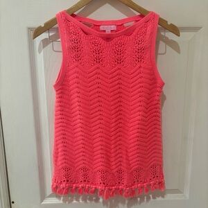 LILY PULITZER Neon Pink Crochet Knit Top with Tassel Hem Detailing | Size XS